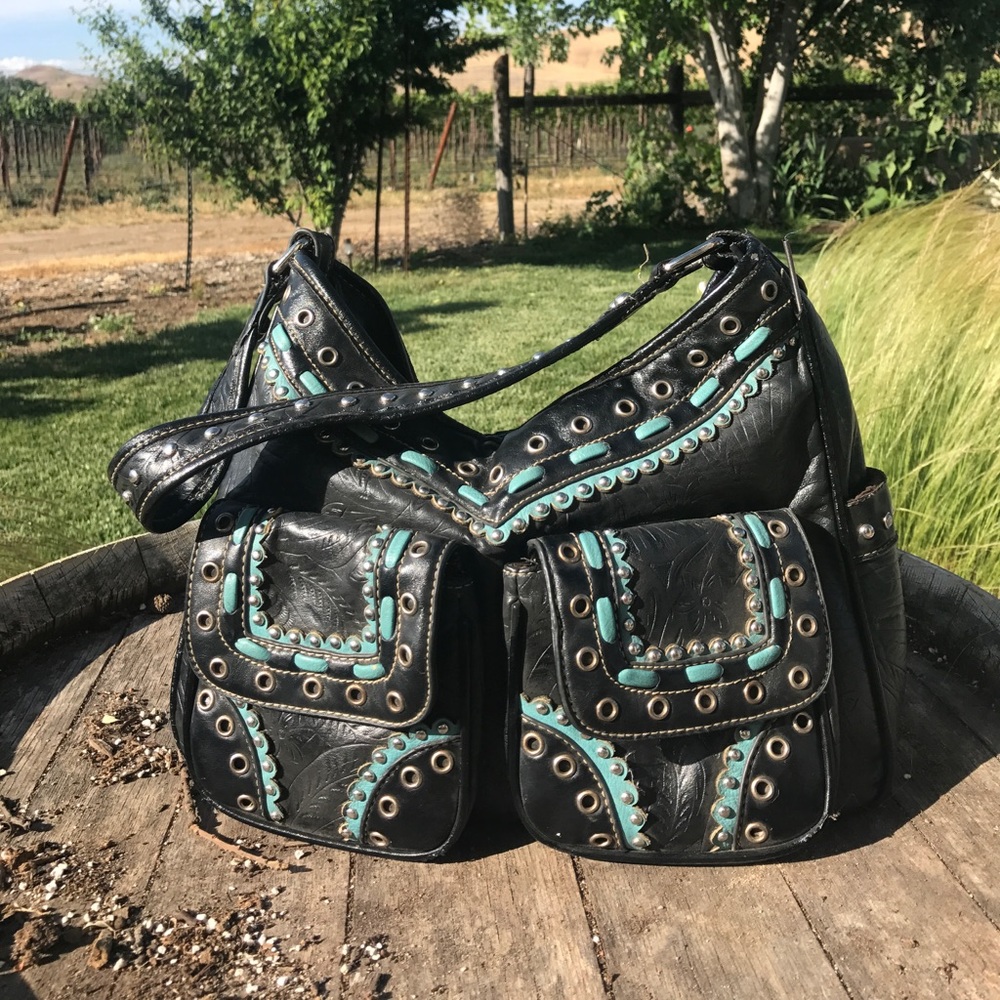 Black and teal leather western purse